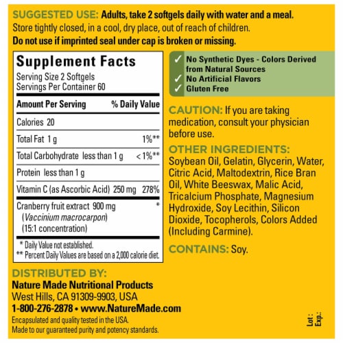 Nature Made® Cranberry Extract with Vitamin C Dietary Supplement Softgels 450mg Perspective: back