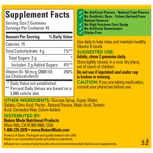 Nature Made Vitamin D3 Strawberry Peach & Mango Flavored Gummies 50mcg Perspective: back