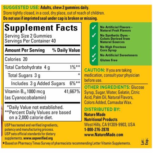 Nature Made® Energy B12 Cherry & Mixed Berries Gummies 1000 mcg Perspective: back