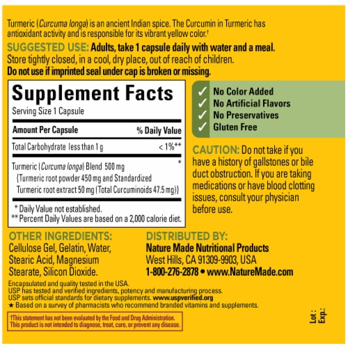 Nature Made® Turmeric Curcumin Capsules 500mg Perspective: back