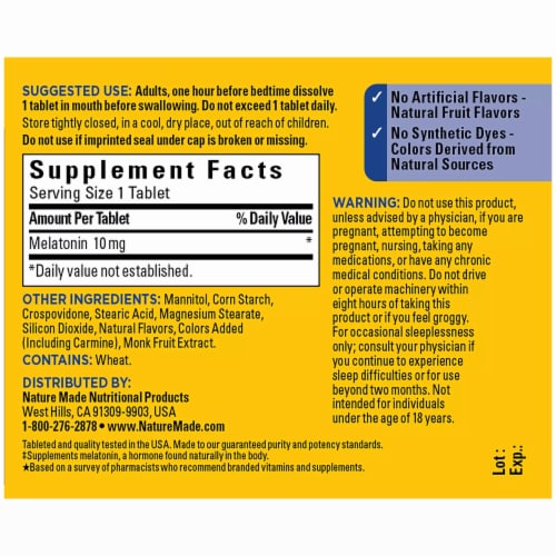 Nature Made® Melatonin 10 mg Tablets Perspective: back