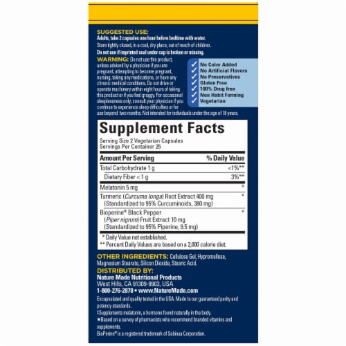 Nature Made® Sleep & Soothe Aches™ Melatonin + Tumeric Vegetarian Capsules Perspective: back