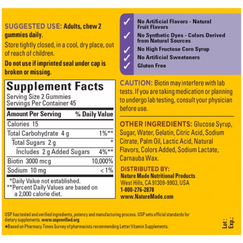 Nature Made® Biotin Mixed Berry Cranberry & Blueberry Dietary Supplement Gummies 3000 mcg Perspective: back