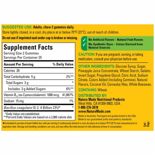 Nature Made® Raspberry & Cherry Flavored Digestive Probiotic + Energy B12 Adult Gummies Perspective: back