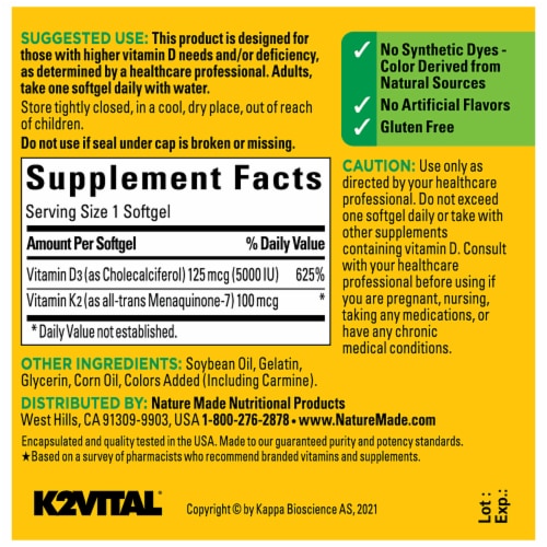 Nature Made® Vitamin D3 + K2 Softgels Perspective: back