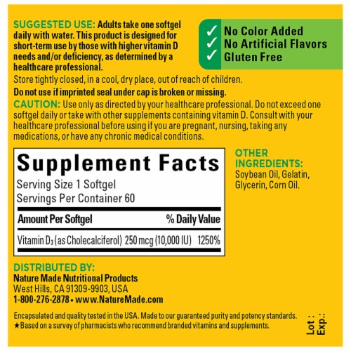 Nature Made® Vitamin D3 Supplement Softgel Capsules 250mcg Perspective: back