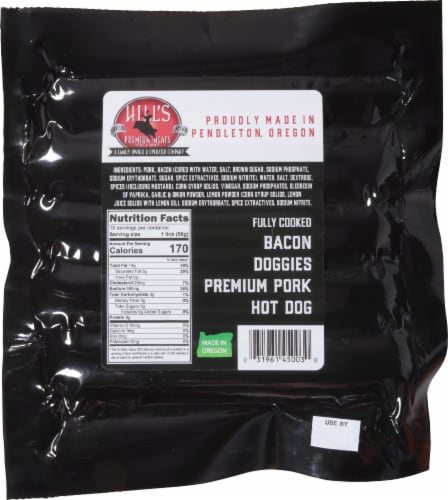 Hill's Premium Meats Bacon Doggies Premium Pork Hot Dogs Perspective: back
