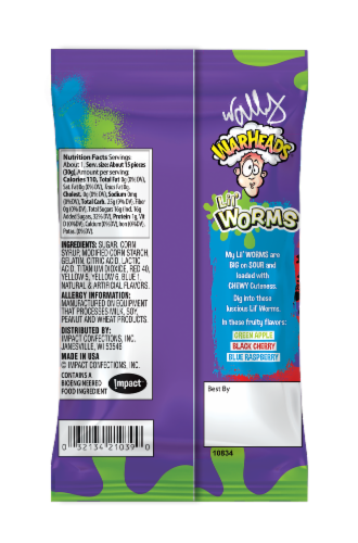 Warheads Lil' Worms Sour and Sweet Gummy Worm Candy Perspective: back