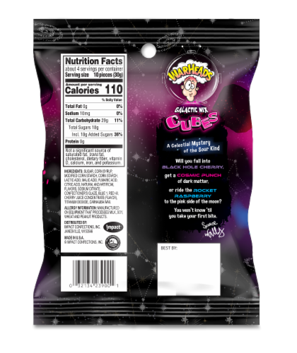 Warheads® Galactic Mix Cubes Chewy Candy Bag Perspective: back