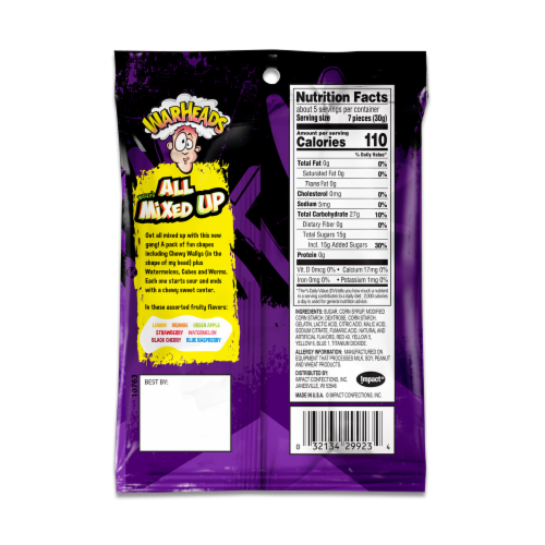 Warheads All Mixed Up Assorted Shapes Chewy Candy Perspective: back