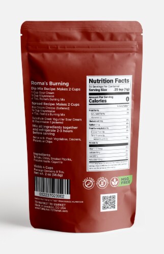 Roma's Burning - 2oz Salt Free & Gluten Free | Roasted Roma Tomato Dip Mix and Spread Perspective: back