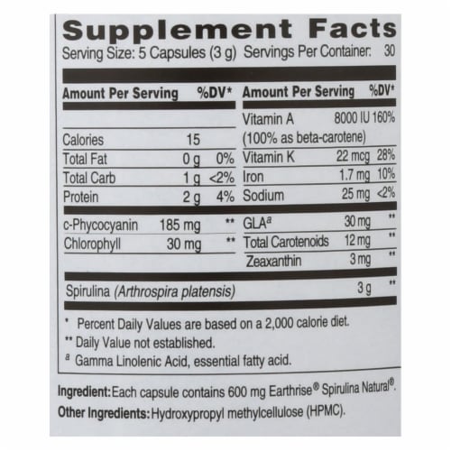 Earthrise Spirulina Natural 600 mg Capsules Perspective: back