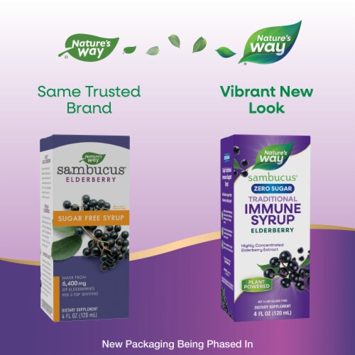 Nature’s Way Sambucus Zero Sugar Traditional Immune Black Elderberry Extract Berry Flavored Syrup Perspective: back