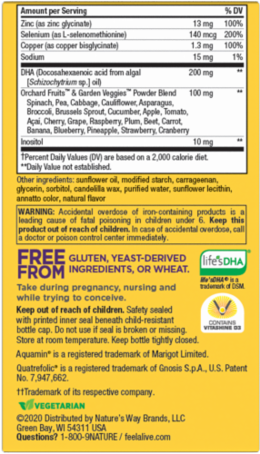 Nature's Way Alive! Complete Prenatal Berry Flavored Multi-Vitamin Vegetarian Softgels Perspective: back