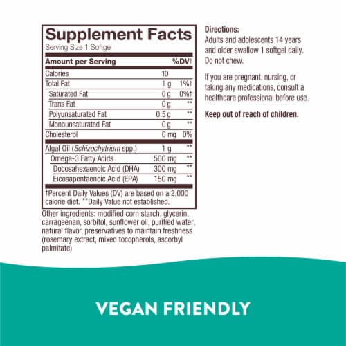 Nature's Way NutraVege Plant-Based Omega 3 Supplement Vegan Softgels 500 mg Per Serving Perspective: back