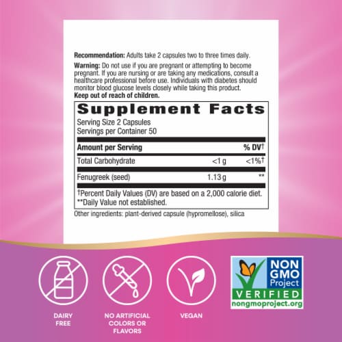 Nature's Way Fenugreek Seed Vegan Capsules 1130 mg Per 2 Capsule Serving Perspective: back