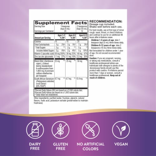 Nature’s Way Sambucus Kids Cough Relief + Immune with Elderberry Extract Vitamin C and Zinc Syrup Perspective: back