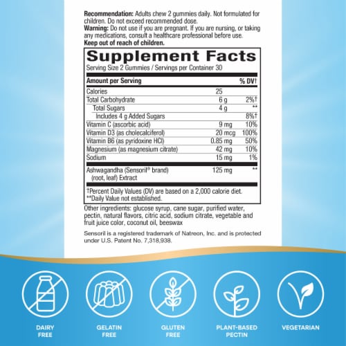 Nature's Way Stress Defense With Sensoril Ashwagandha Vitamins B6 C D3 Raspberry Flavored Gummies Perspective: back