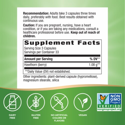 Nature's Way Hawthorn Berries Vegan Capsules 1080 mg Per 3 Capsule Serving Perspective: back