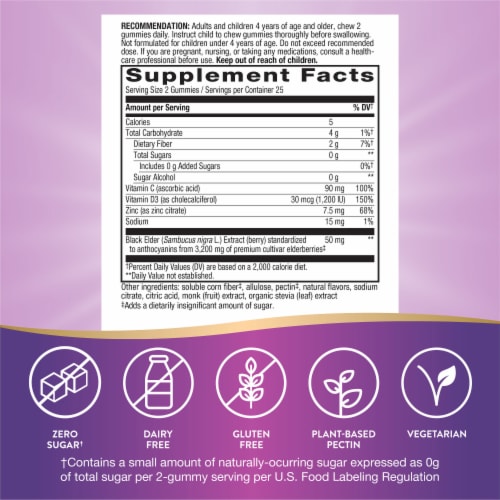 Nature’s Way Sambucus Zero Sugar Immune Black Elderberry Extract Vitamin C D3 Zinc Gummies Perspective: back