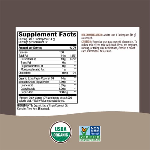 Nature's Way Organic Extra Virgin Coconut Pure and Unrefined Cold Pressed USDA Organic Oil Perspective: back