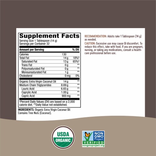 Nature's Way Organic Extra Virgin Coconut Pure and Unrefined Cold Pressed USDA Organic Oil Perspective: back