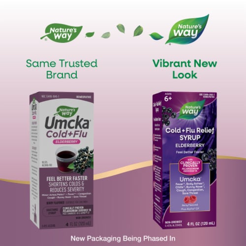 Nature's Way Cold + Flu Relief Elderberry Umcka Alpha CF Berry Flavored Syrup Perspective: back