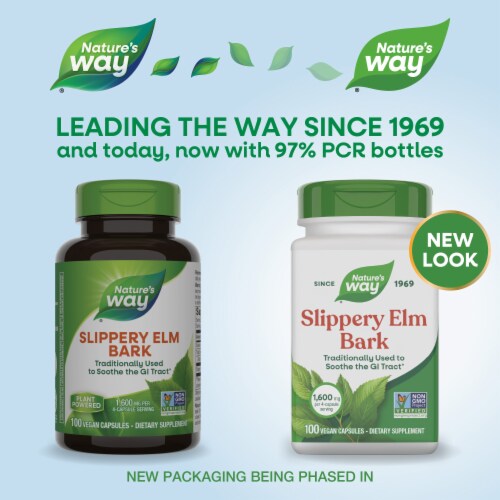 Nature's Way Slippery Elm Bark Traditionally Soothes GI Tract 1600 mg Per 4 Capsule Serving Perspective: back
