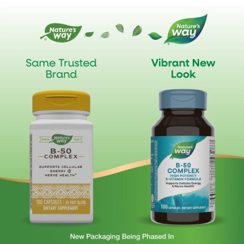 Nature's Way B-50 Complex Supports Cellular Energy and Nerve Health Support High Potency Capsules Perspective: back