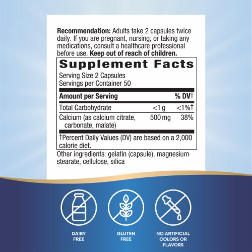 Nature's Way Calcium Citrate Carbonate and Malate Capsules 500 mg of Calcium Per 2 Capsule Serving Perspective: back