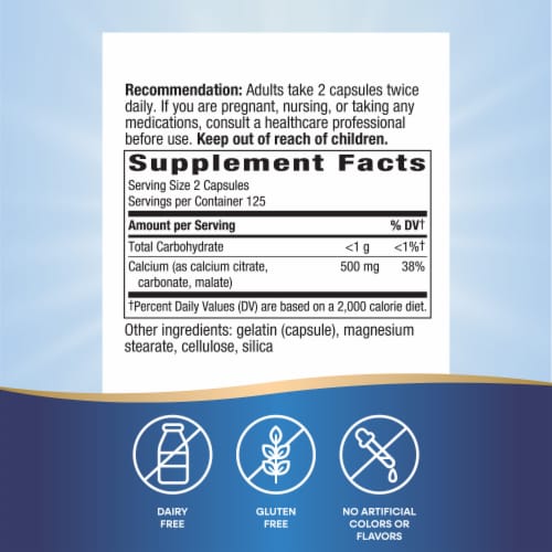 Nature's Way Calcium Citrate Carbonate and Malate Capsules 500 mg of Calcium per 2 Capsule Serving Perspective: back