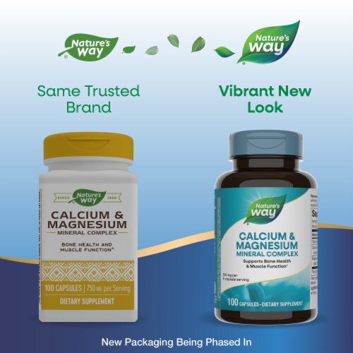 Nature's Way Calcium and Magnesium Mineral Complex Capsules 750 mg Per 3 Capsule Serving Perspective: back