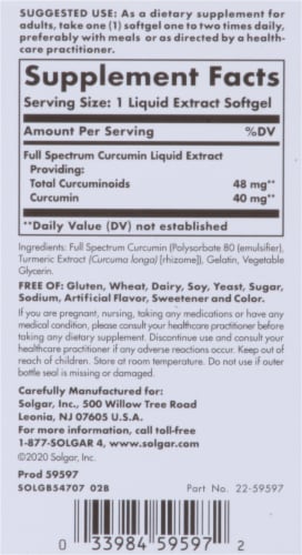 Solgar Full Spectrum Curcumin Dietary Supplement Softgels Perspective: back
