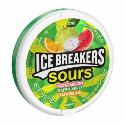 ICE BREAKERS Sours Assorted Fruit Flavored Sugar Free Mints Tin Perspective: back