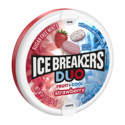 ICE BREAKERS Duo Fruit Plus Cool Strawberry Sugar Free Mints Tin Perspective: back