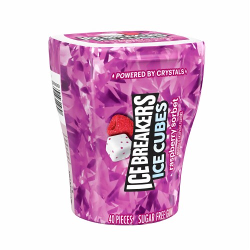 ICE BREAKERS Ice Cubes Raspberry Sorbet Flavored Sugar Free Chewing Gum Bottle Perspective: back