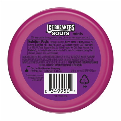 ICE BREAKERS Sours Assorted Fruit Flavored Sugar Free Mints Tin Perspective: back