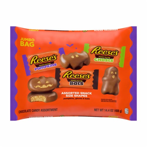 REESE'S Assorted Milk Chocolate Snack Size Peanut Butter Shapes Halloween Candy Jumbo Bag Perspective: back