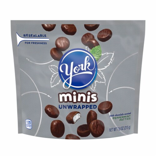 YORK Minis Unwrapped Dark Chocolate Peppermint Patties Candy Bag Perspective: back