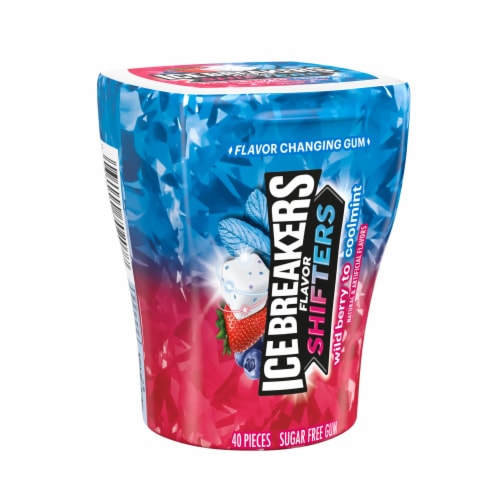 ICE BREAKERS Flavor Shifters Wild Berry to Coolmint Flavored Sugar Free Chewing Gum Bottle Perspective: back