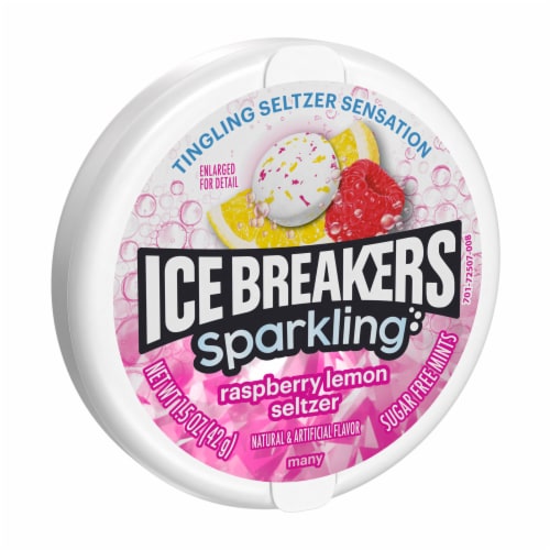 ICE BREAKERS Sparkling Raspberry Lemon Seltzer Flavored Sugar Free Mints Puck Perspective: back