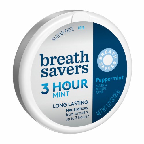 BREATH SAVERS Peppermint Flavored Sugar Free Breath Mints Tin Perspective: back