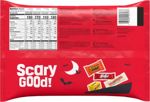 Hershey's Reeses Kit Kat Milk Duds and Whoppers Assorted Chocolate Halloween Candy Snack Size Bag Perspective: back