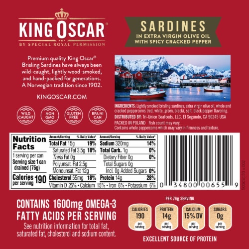 King Oscar® Wild Caught Sardines in Extra Virgin Olive Oil with Spicy Cracked Pepper Perspective: back