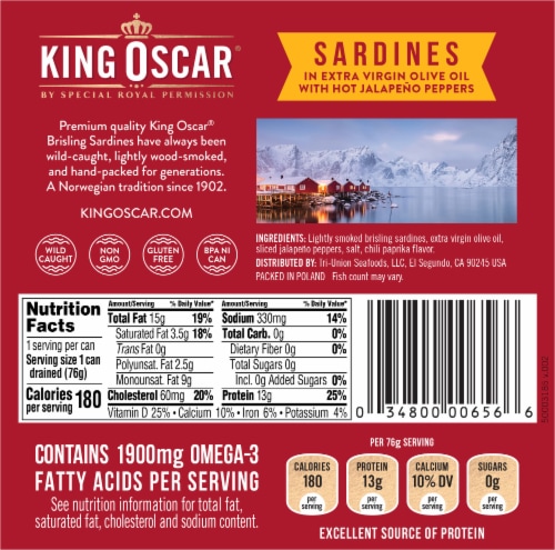 King Oscar® Sardines in Olive Oil with Hot Jalapeno Peppers Perspective: back