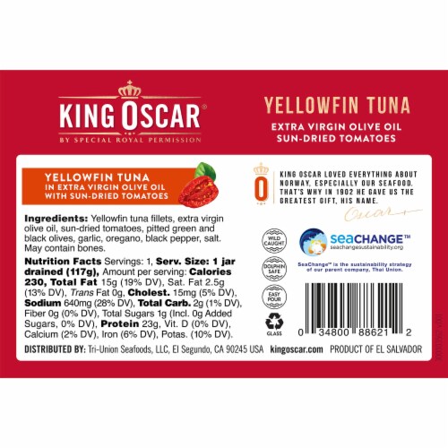King Oscar Yellowfin Tuna in Extra Virgin Olive Oil and Sun Dried Tomatoes Perspective: back