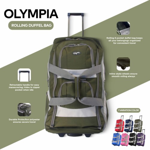 Olympia 22 Inch 8 Pocket Rolling U Shape Duffel Bag w/ Retractable Handle, Green Perspective: back