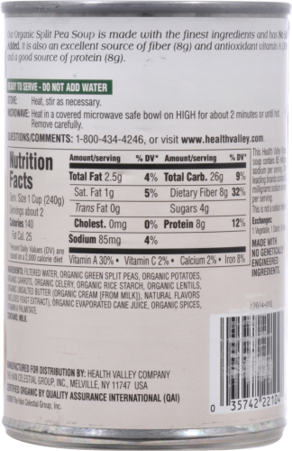 Health Valley Organic No Salt Added Split Pea Soup Perspective: back