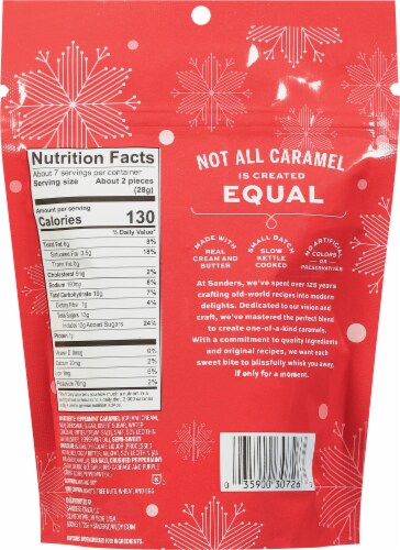 Sanders® Holiday Dark Chocolate Peppermint Sea Salt Caramels Candy Bag Perspective: back