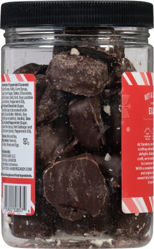 Sanders® Dark Chocolate Peppermint Sea Salt Caramels Holiday Candy Perspective: back